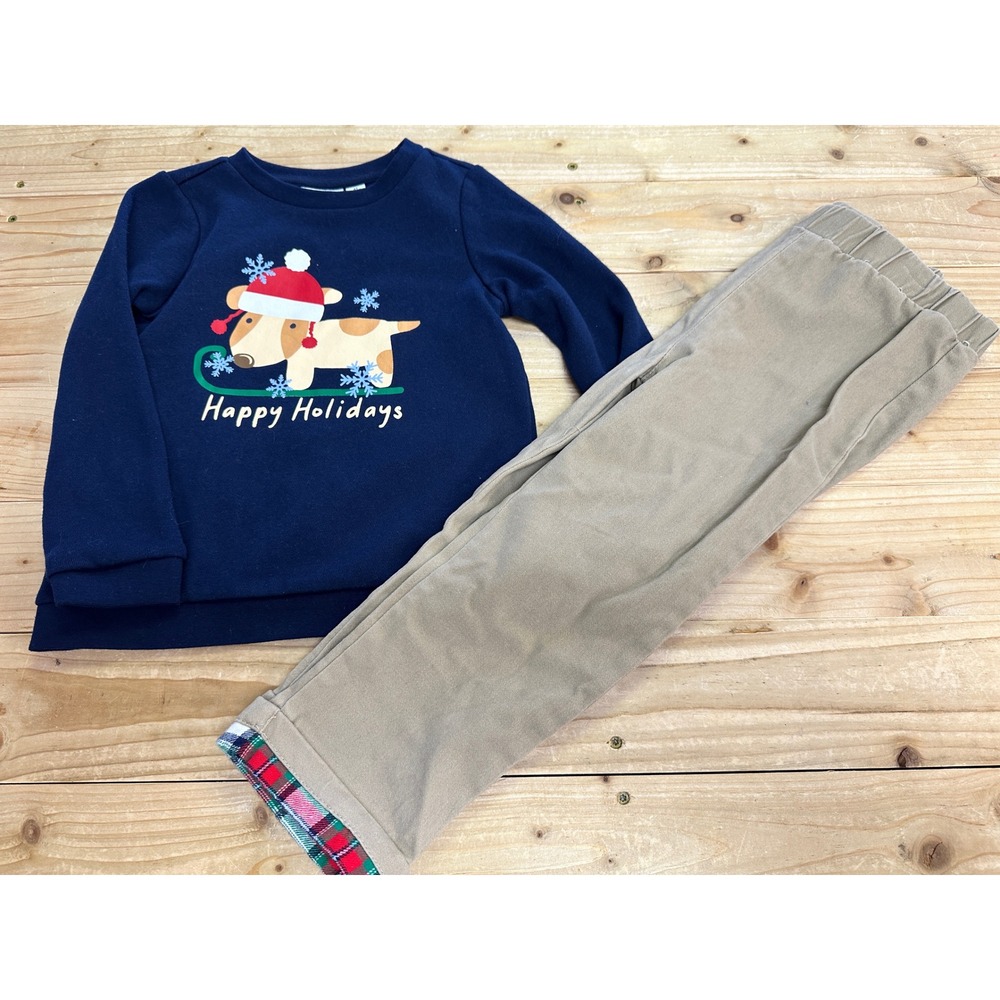 Crown & Ivy Kids Navy Blue Happy Holidays Dog Sled Sweatshirt‎ Pants Set 4T